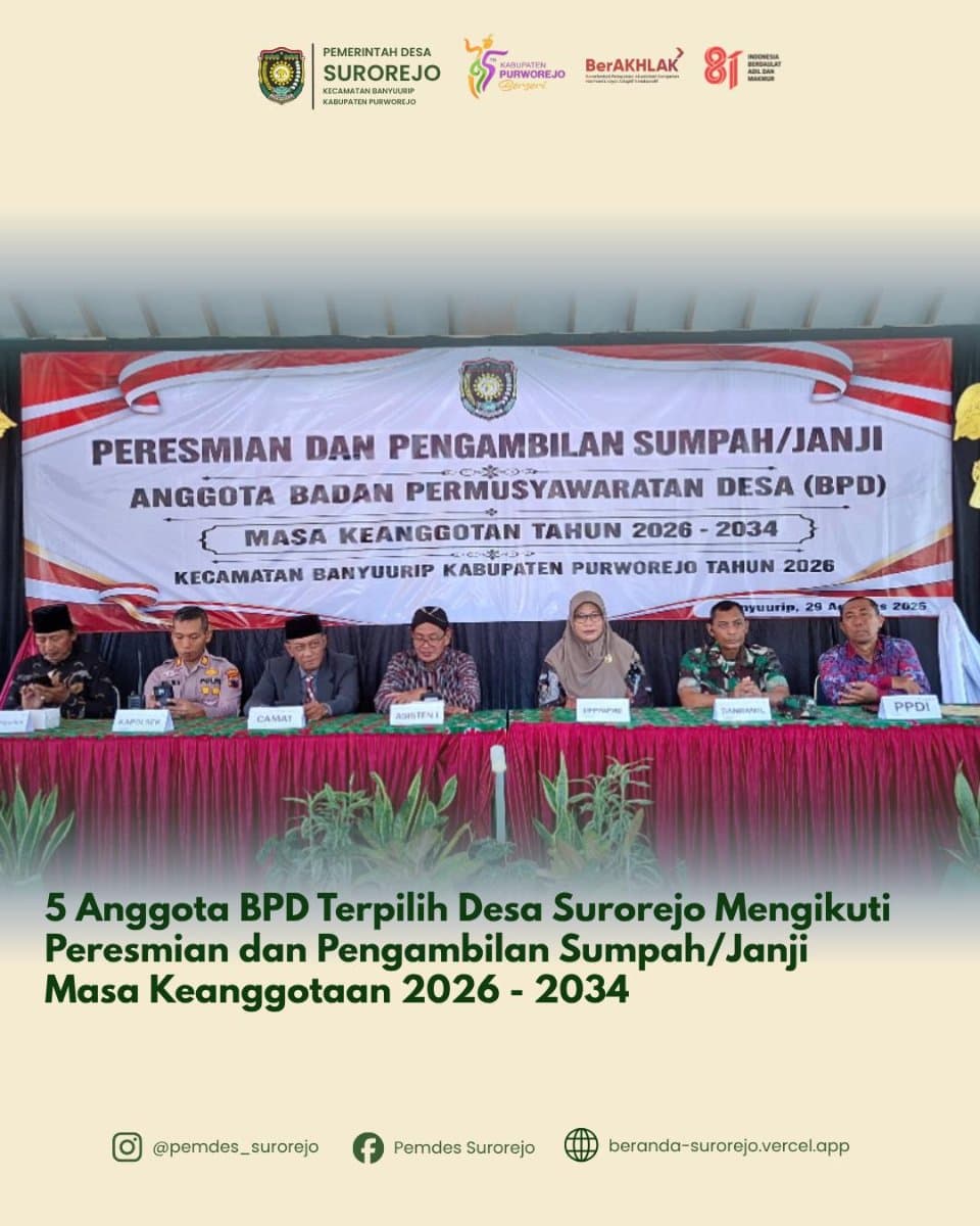 5 Anggota BPD Desa Surorejo Resmi Dilantik Untuk Masa Bakti 2026-2034